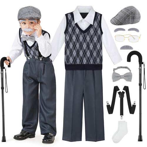 FancyFun 9 Pcs 100 Days of School Costume for Boys Old Man Costume for Kids Grandpa Dress Up Outfits Set