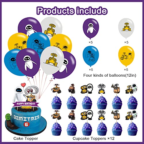 Walle Science Fiction Party Supplies with Happy Birthday Banner, Cupcake Cake Toppers, Balloons for Fans Birthday Party Ba...
