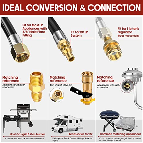 12 FT Propane Quick Connect Hose for RV to Gas Grill, Propane Quick Connect Fittings for 1 LB Throwaway Bottle Connects 1 ...