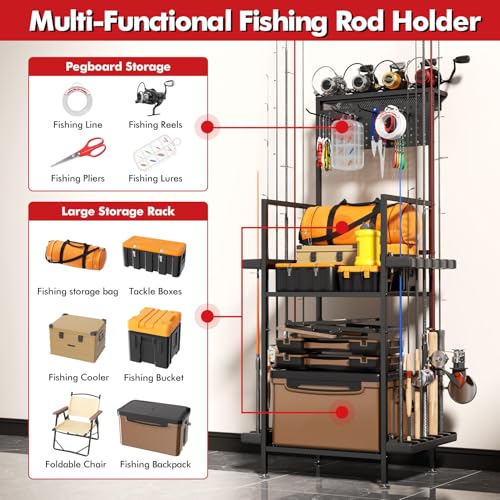 YQSLYSF Fishing Rod Holders for Garage with Pegboard & Metal Mesh Basket, Fishing Rod Storage Rack, Vertical Fishing Pole ...