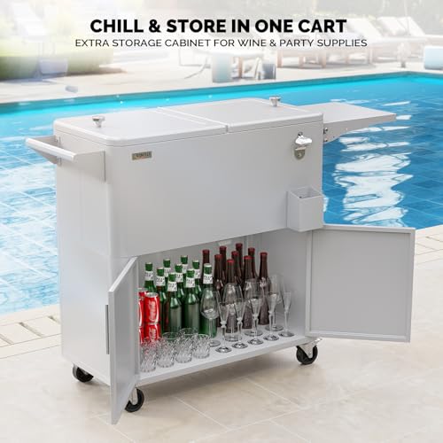 VINGLI Patio Cooler, Ice Chest with Storage Cabinet, Bottle Opener Drainage, Outdoor Cooler for Party, Deck, Pool