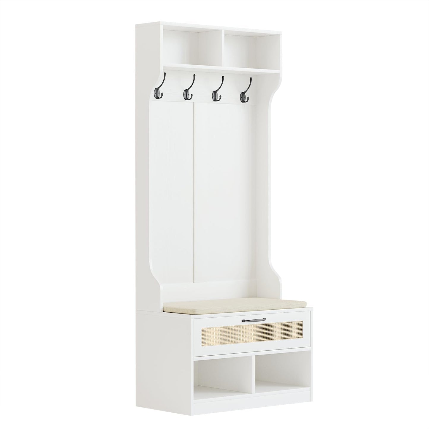 Skokliz Hall Tree with Bench & Shoe Storage - Entryway Coat Rack with 6 Compartments, 4 Hooks & Rattan Door, Soft Cushion Shoe Bench for Hallway, Living Room & Mudroom, White