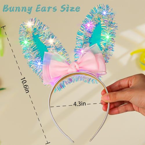 Outyua Light up Bunny Ears Headband Halloween Rabbit Ear Headbands Bow Tinsel Easter Costume Hair Accessory for Women