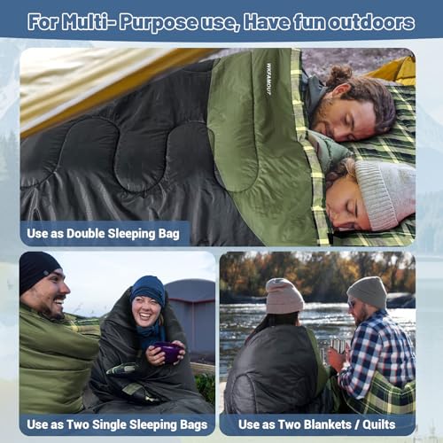 WKFAMOUT Double Sleeping Bag for Adults Machine Washable 2 Person Camping Sleeping Bag Queen Size Waterproof with Compress...