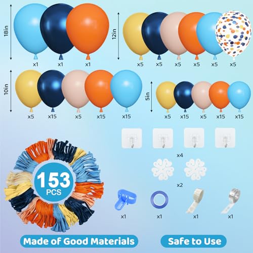 Amandir 153pcs Blue Orange Balloon Garland Arch Kit, Different Sizes 18 12 10 5 inch Navy Blue Yellow Latex Pearlescent Co...
