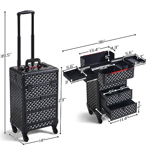 Yaheetech Rolling Makeup Train Case with Drawers Professional Nail Tech Travel Case Cosmetics Storage Organizer Beauty/Nail Art/Hair Styling Travelling Cart Trunk Black