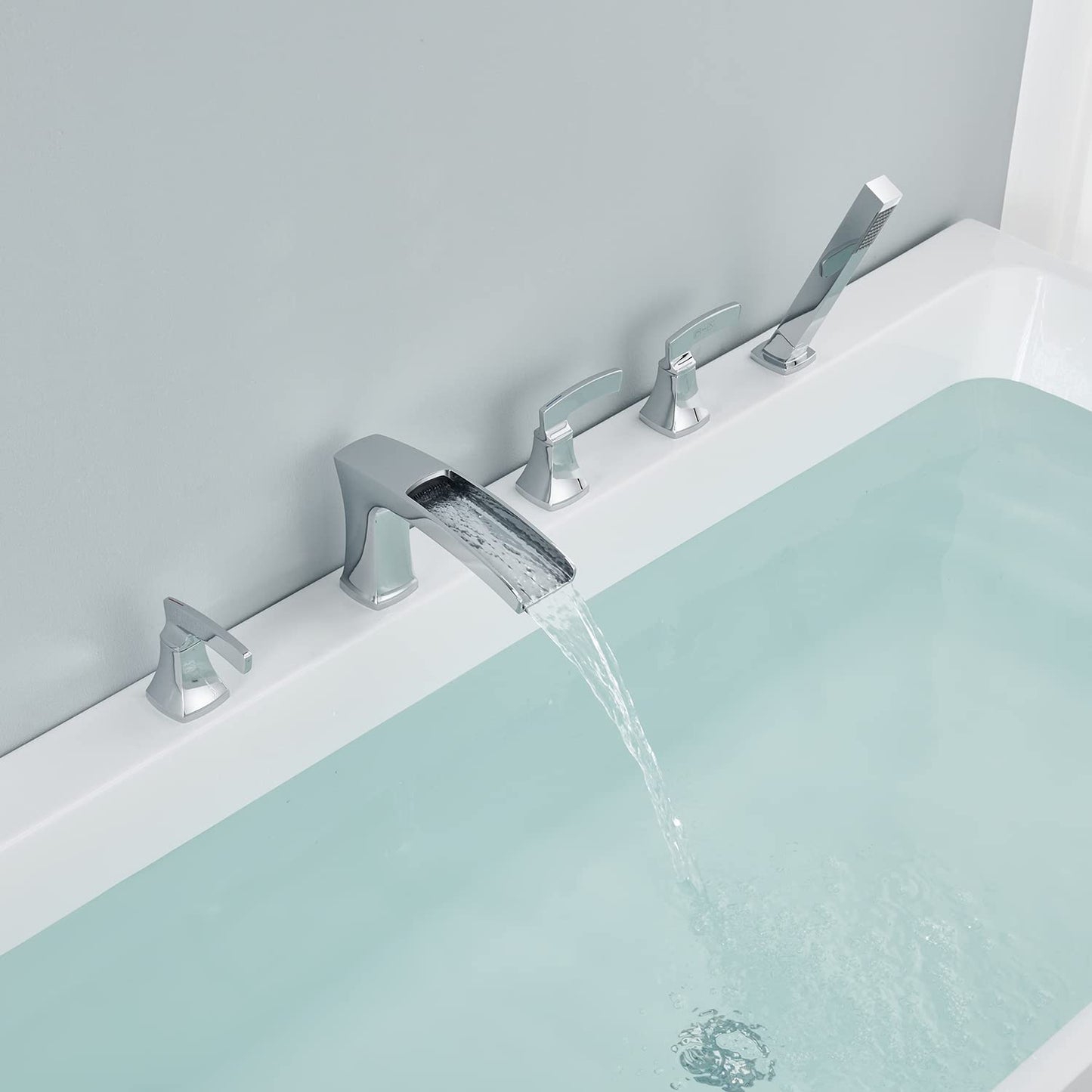 Artiqua Roman Tub Filler Waterfall Tub Faucet Chrome Deck Mount Bathtub Faucets 5 Hole Brass Bathroom Faucets with Hand Shower