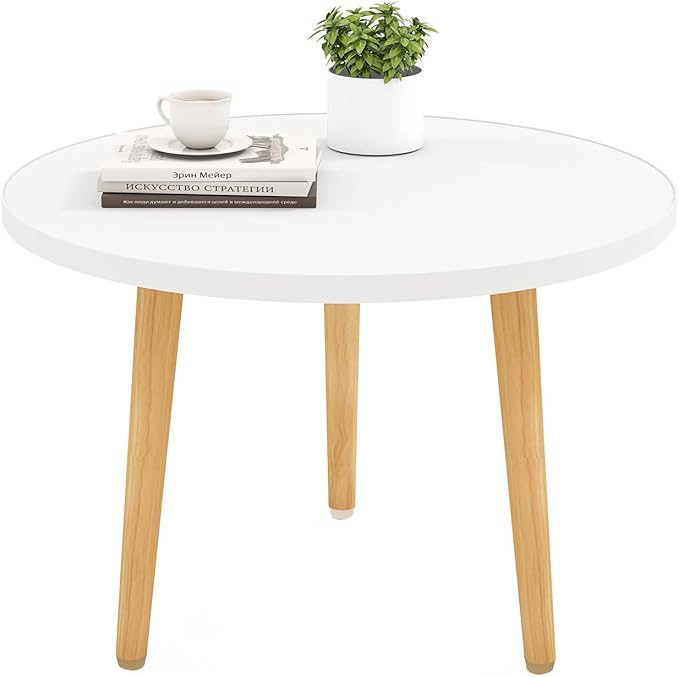 Funecy Round Coffee Table Low Table with 3 Solid Wood Sturdy Legs, Floor Table Desk for Sitting on The Floor, Storage and Living Room Furniture (White)