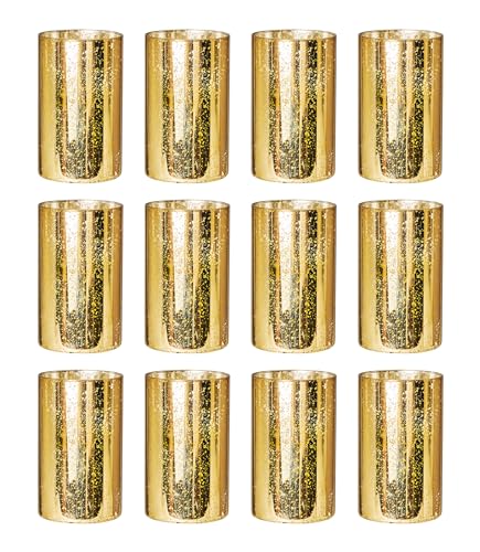 Willceka Gold Cylinder Vases for Centerpieces, Modern Glass Vase Set of 12 Decorative Hurricane Candle Holder for Pillar C...