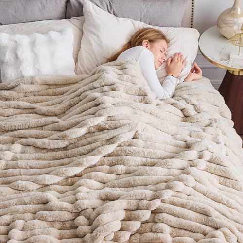 NEWCOSPLAY Faux Fur Throw Blanket Linen 3D Ribbed Plush Thick Warm Blanket for Couch Sofa Bed 850GSM (Linen Ribbed, Throw(...