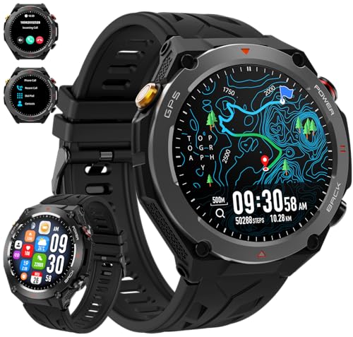 Military Smart Watch with GPS, Pressure/Altitude/Compass, Rugged Smartwatch for Men with 650mAh Extra-Large Battery, Answe...