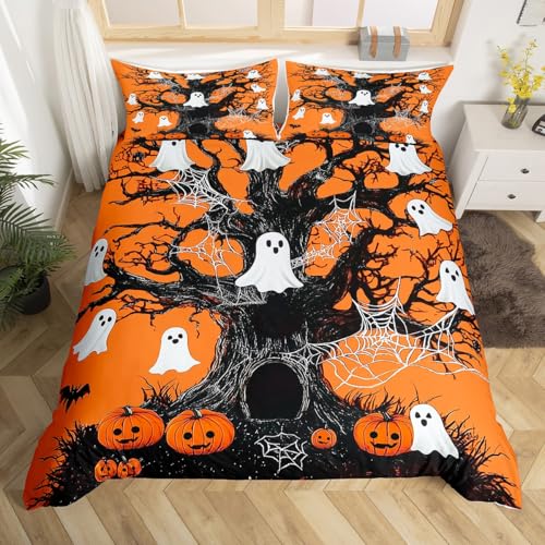 Ghost Spider Queen Duvet Cover,Halloween Pumpkin Lantern Bedding Set for Boys Girls Kids Happy Halloween Gothic Style Comforter Cover Halloween Decorations Bedspread Cover Trick or Treat Bedding