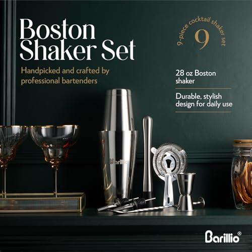 Barillio Boston Shaker Set - Stainless-Steel, Weighted, Martini Cocktail Shaker Set w/Strainer & Mixer - Mixology Bartende...