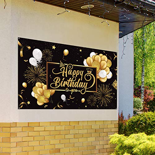 Blulu Happy Birthday Banner Sign Poster Large Fabric Glitter Balloon Fireworks Sign Photo Backdrop Background for Birthday...