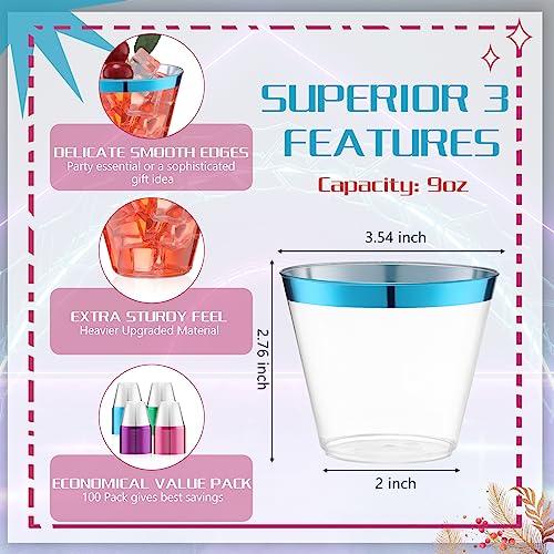 Zhehao 100 Pcs 9 oz Rimmed Plastic Cups Clear Wine Glasses Heavy Duty Cocktail Cups for Wedding Birthday Holiday Party Rec...
