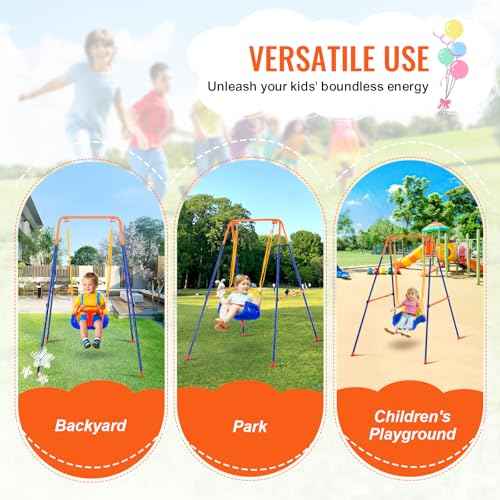 VEVOR Swing Sets for Backyard, 3-in-1 Toddler Swing Set with 4 Sandbags, Easy to Assemble, Foldable Metal Stand, Swingset Indoor/Outdoor for Kids Aged 3+