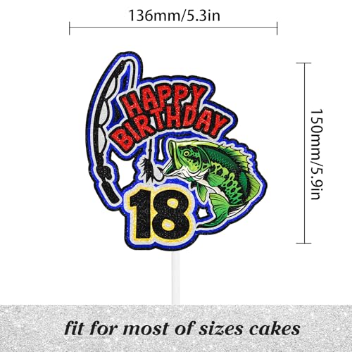 Fishing Cake Topper 18th Birthday Happy Bass Big Fish Decorations, Lake Adventure Fishing Rod Theme Birthday Party for Men...