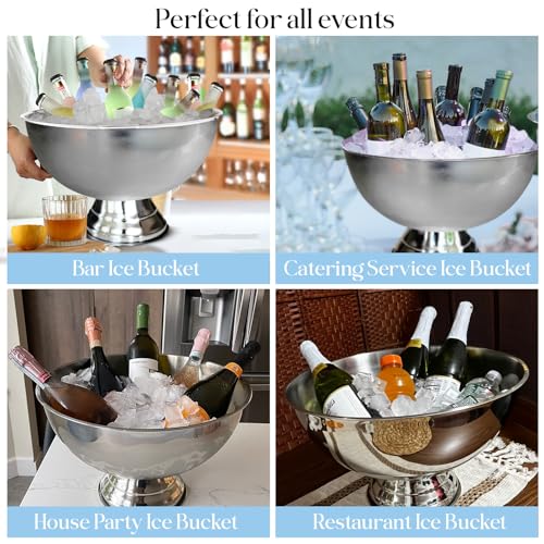Premium 12L Large Ice Bucket for Parties – 16"x16"x10" Silver Stainless Steel Beverage Tub with Scoop – Insulated Ice Buck...