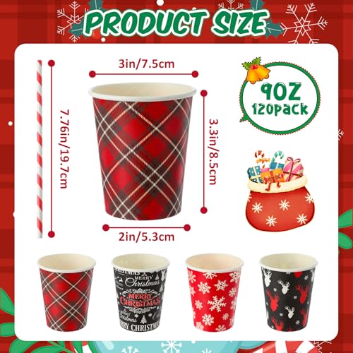 FoldTier 120 Set 9 oz Christmas Hot Cocoa Paper Cups Bulk Disposable Paper Coffee Tea Cups with Straws Christmas Hot Choco...