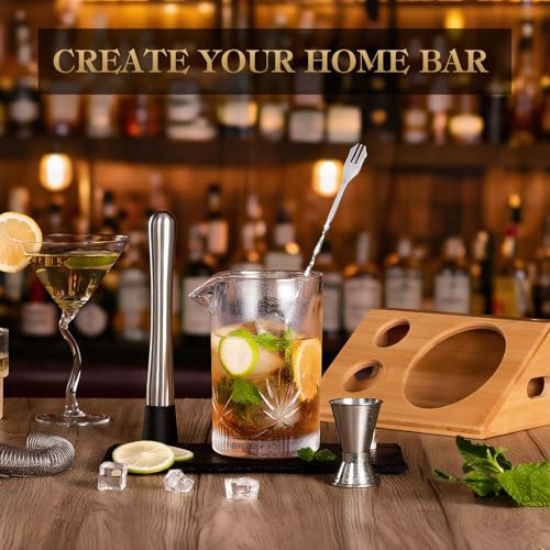 Cocktail Mixing Glass, veecom 6 Piece Crystal Bar Mixing Glass Bartender Set with Bamboo Stand, 18oz Old Fashioned Kit Coc...