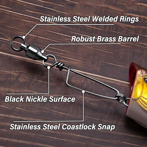 Alwonder Fishing Snap Swivels, High Strength Ball Bearing Swivel with Stainless Steel Coastlock Snap 26-503LB, Black Nicke...