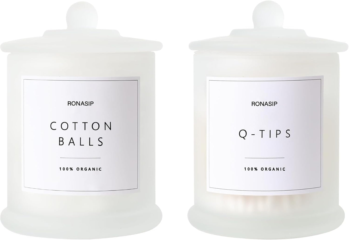 Qtip Holder & Cotton Pad Dispenser, Bathroom Organizer and Storage Canisters, 16oz Glass Apothecary Jars for Kitchen, Restroom - Home Decor, Room Decor Aesthetic (2 Pack, Frosted White)