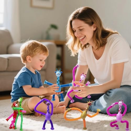 Suction Cup Robot Toy,Toys for Kids with Autism,Autism Sensory Products,Suction Cup Toy,pop Tubes Robots Stress and Anxiety Relief for Kids 3 4 5 6 7,Christmas Easter Gifts (Giraffe 6PC)