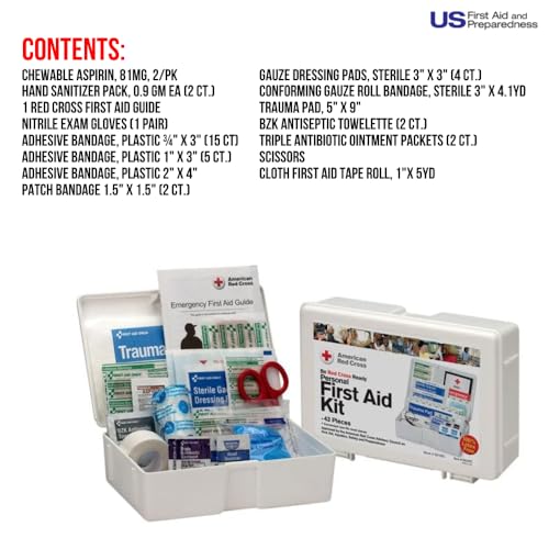 American Red Cross Officially Licensed Product, Personal First Aid Kit, 43 Piece Emergency Medical Supplies to Clean and T...