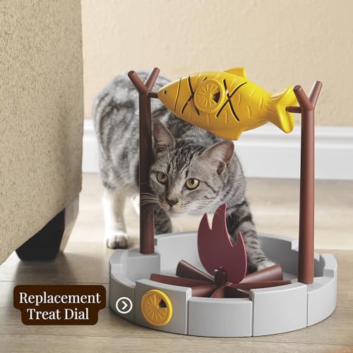 PetPals 11" High Cats Treat-Dispensing Slow Feeder,Pets Dry Food Dispenser,Cats Slow Feeding Snack Bowl, Grilled Fish Spin...