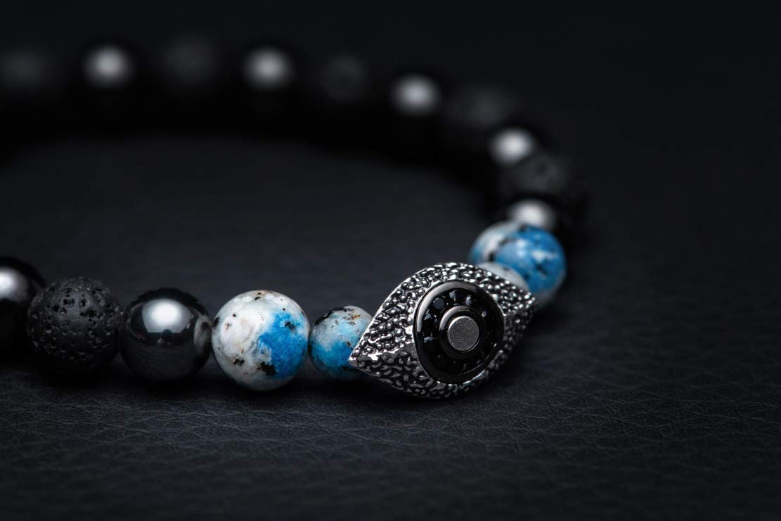 Karseer Vintage Silver and Black Plated Evil Eye Magnetic Energy Balance Anti Anxiety Bracelet Natural Hematite K2 Blue Azurite