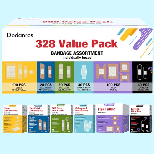 Dodanros Variety Bandages Pack,328ct Assorted Bulk Various Sizes, Shapes &Features | Sheer & Flex Fabric with Benzalkoniu...