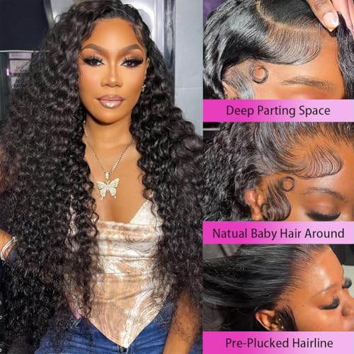 30 Inch Deep Wave Lace Front Wigs Human Hair 13x4 HD Transparent Deep Curly Lace Frontal Wigs Human Hair Glueless Wig pre Plucked 200% Density Natural Color