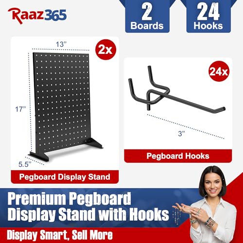 Raaz365 Pegboard Display Stand with 24 Hooks and 2 Stands for Craft Shows, Tabletop Jewelry Organizer Rack for Vendors, Ke...