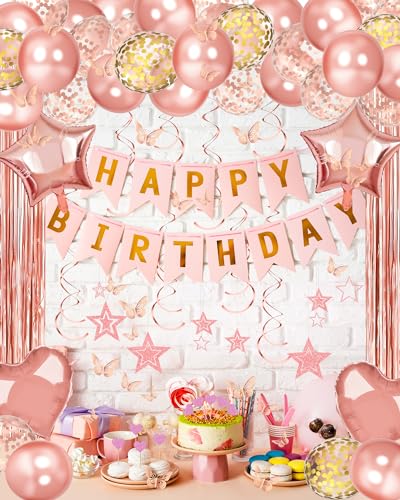 Lutoys Rose Gold Happy Birthday Party Decorations, Happy Birthday Banner, Rose Gold Foil Heart Star Confetti Balloons Curt...