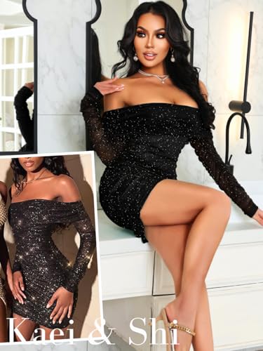 Kaei&Shi Sparkly Off Shoulder Dress,Mesh Long Sleeve Ruched Bodycon Corset Dresses Women,Sexy Birthday Outfit Club Going Out