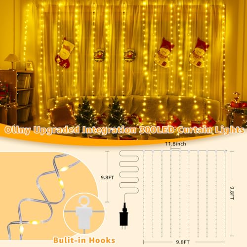 Ollny Curtain Lights 300LED 9.8ftx9.8ft, Connectable IP67 Waterproof Outdoor Curtain String Lights with Remote, Plug-in Un...