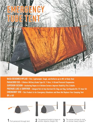 Emergency Survival Tent Life Shelter 2 Person Mylar Tube Tents Tarp with Whistle & Paracord Year-Round All Weather Protect...