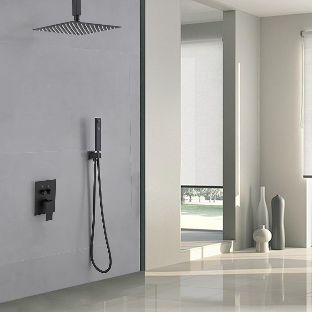 JingGang Matte Black Shower System with Push Button Diverter, Ceiling Mount Luxury 12 Inch Rain Shower Head with Handheld Spray, Shower Faucet Combo Set with Rough-in Valve Body and Trim Kit Included