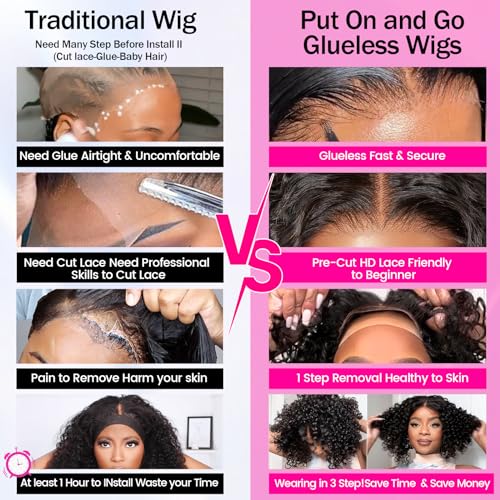 AISI Glueless Wigs Human Hair Pre Plucked Pre Cut Ready to Wear Curly Bob Wigs 5x5 HD Lace Front Wigs for Black Women 180% Density Deep Curly Lace Wigs with Elastic Band for Beginners 16 Inch