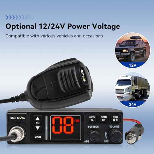Retevis MB3A 40-Channel AM/FM CB Radio with Cigarette Lighter Plug - 12V & 24V Dual-Voltage for Car and Truck, ANL/NB Noise Reduction, Cooling Set,Hands-Free,PA System,Backlit LCD & Full Mounting Kit
