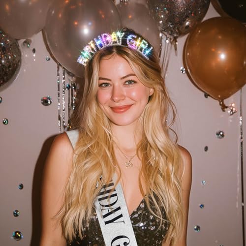 Uranian Light Up Birthday Headbands and Sash LED Rhinestone Halo Crowns Glow Birthday Party Favor Hair Accessories for Women