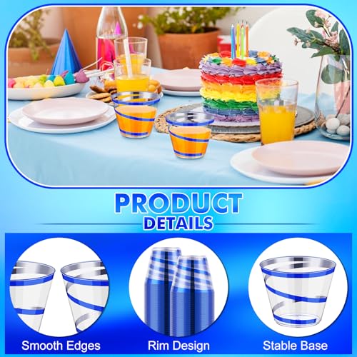 Dualshine 100 PCS Blue Rimmed Swirl Clear Plastic Cups, 9 oz Disposable Plastic Wine Glasses, Heavy Duty Cocktail Glasses ...