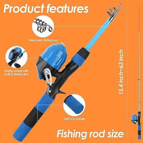 Kids Fishing Rod Reel Combo 4.92FT/5.9FT 2PCS Telescopic Fishing Pole Spincast Reel with Fishing Accessories Ultralight Fi...