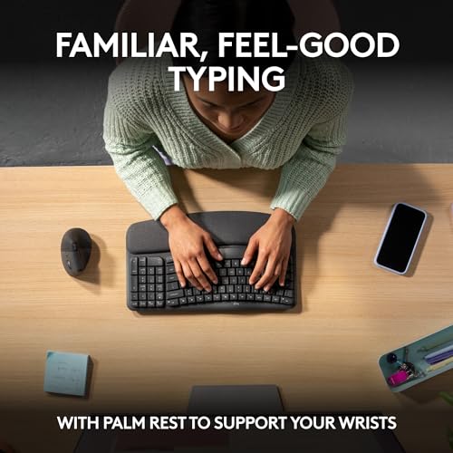 Logitech Wave Keys & Lift Vertical Mouse - Ergonomic Bundle — Wireless Keyboard with Cushioned Palm Rest & Vertical Wirele...