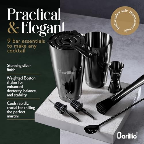 Barillio Black Boston Shaker Set - Stainless-Steel, Weighted Martini Cocktail Shaker Set w/Strainer & Mixer - Mixology Bar...