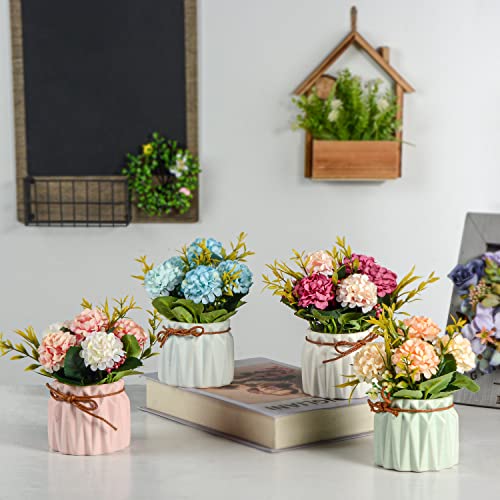 Artificial Flower Plants – Mini Fake Hydrangea Flowers in Pot for Home Decor Party Wedding Office Patio Table Desk Decorat...