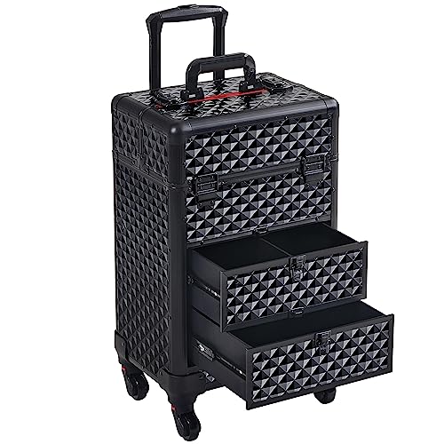 Yaheetech Rolling Makeup Train Case with Drawers Professional Nail Tech Travel Case Cosmetics Storage Organizer Beauty/Nail Art/Hair Styling Travelling Cart Trunk Black