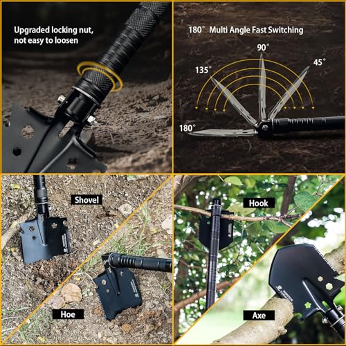 HX OUTDOORS Tactical Survival Shovel, Collapsible and Foldable Entrenching Tool, Portable Multitool for Camping, Hiking, C...