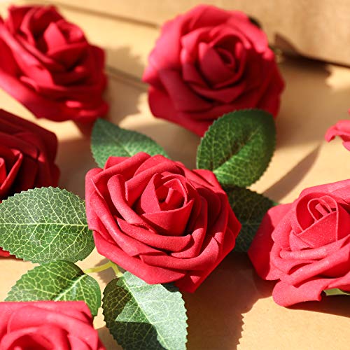 AmyHomie Artificial Flower Dark Red Rose 25pcs Real Looking Fake Roses w/Stem for DIY Wedding Bouquets Centerpieces Arrang...