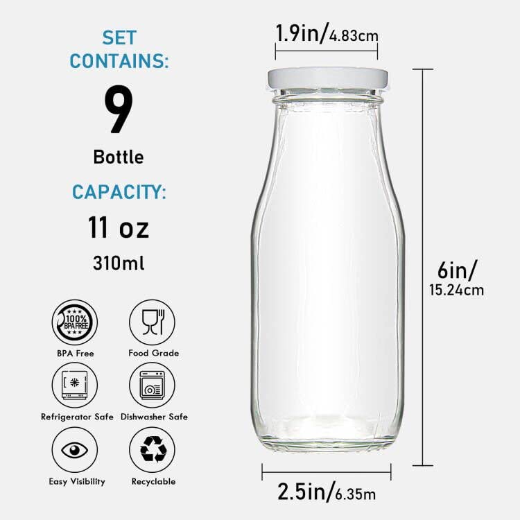 YEBODA 11oz Glass Milk Bottles with Reusable Metal Twist Lids and Straws for Beverage Glassware and Drinkware Parties, Wed...